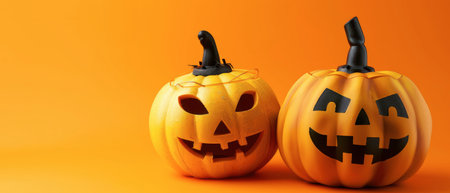 Two carved Halloween pumpkins with distinct expressions sit against a vibrant orange backdrop.の素材