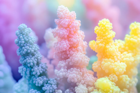 Delicate coral structures display vibrant colors in a serene underwater environment, showcasing shades of pastel blue, pink, and yellow.の素材