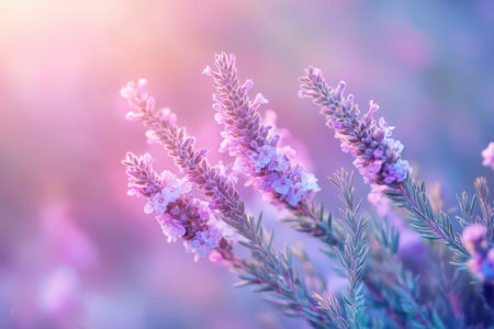 Delicate lavender blooms stand tall with a soft glow, surrounded by lush greenery on a serene morning.の素材