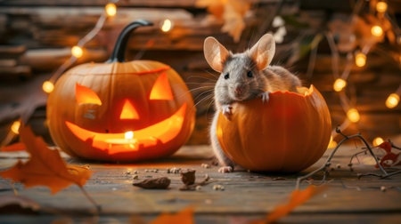 A small mouse sits inside a carved pumpkin, surrounded by autumn leaves and glowing fairy lights in a festive Halloween setting.の素材