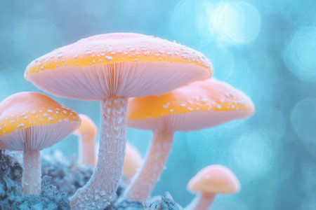 Delicate orange mushrooms with translucent caps sprout from a moss-covered log, illuminated by soft, misty light in a tranquil forest setting.の素材