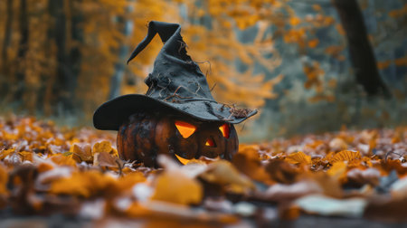 A carved pumpkin with glowing eyes and a witch hat rests on colorful autumn leaves in a serene forest setting.の素材