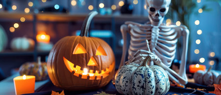 A skeleton sits surrounded by carved and decorative pumpkins, candles glowing, creating a festive Halloween atmosphere.の素材