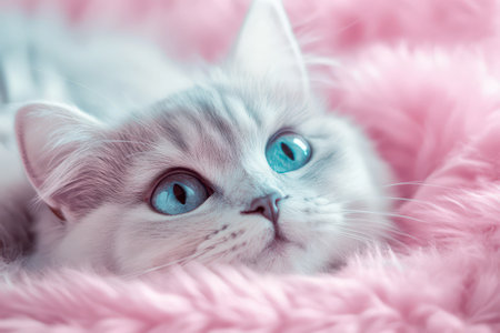A fluffy cat with bright blue eyes lies peacefully on a soft pink blanket, exuding calm and cuteness.の素材