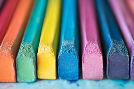 A collection of brightly colored chalk pieces is lined up, showcasing a spectrum of hues from orange to purple.の素材