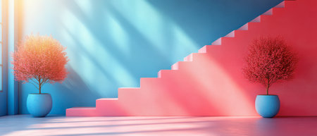 A vibrant stairway features pink and blue walls, illuminated by sunlight, with decorative plants in blue pots on either side.の素材