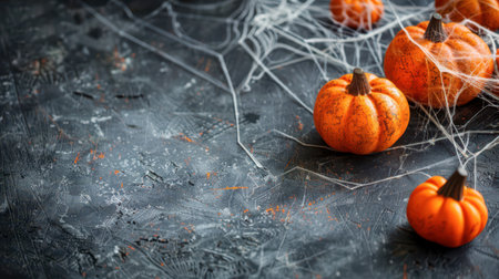 Small orange pumpkins are arranged with cobwebs on a textured dark background, creating a festive autumn ambiance.の素材