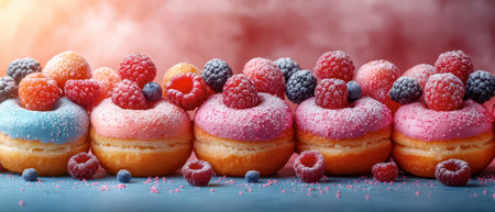 A row of vibrant donuts with pink and blue icing, adorned with assorted fresh berries and dusted with sugar, arranged on a rustic wooden table.の素材