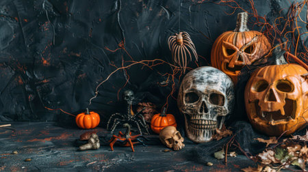 A collection of Halloween decorations featuring carved pumpkins, skeletons, and autumn leaves on a dark backdrop, creating a festive atmosphere for the holiday.の素材