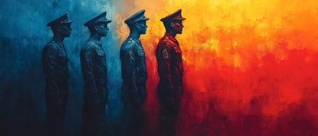Four military officers are positioned in formation, silhouetted against a vivid sunset backdrop of orange and blue hues.の素材