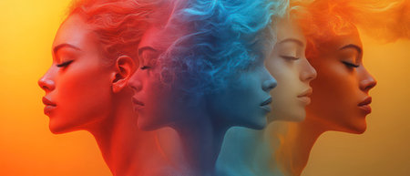 A woman poses in profile, showcasing colorful, dynamic hairstyles against a gradient background.の素材