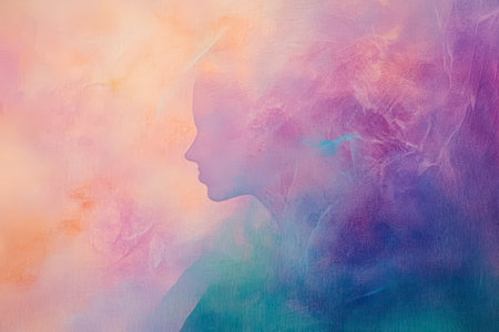 A soft silhouette depicts a woman with a dreamy, pastel-colored background, creating an ethereal atmosphere.の素材