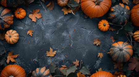 A vibrant arrangement of various pumpkins and colorful autumn leaves surrounds a textured dark surface, perfect for seasonal decor or festive celebrations.の素材