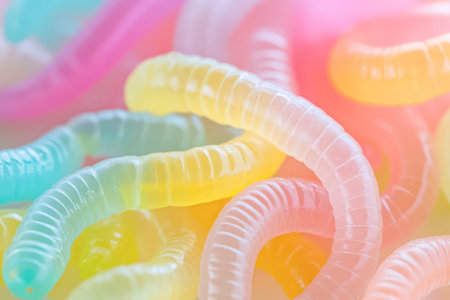 Brightly colored gummy worms in various pastel shades create a vibrant, whimsical display.の素材