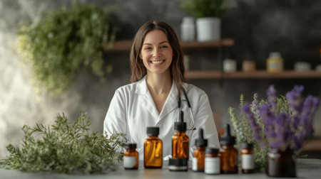 A young woman in a lab coat smiles at the camera, surrounded by various herbal remedies and plants on a work table in a natural light setting.の素材