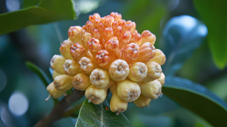 A cluster of guava flowers showcases vibrant colors, with budding blossoms among lush green leaves in a tropical garden.の素材