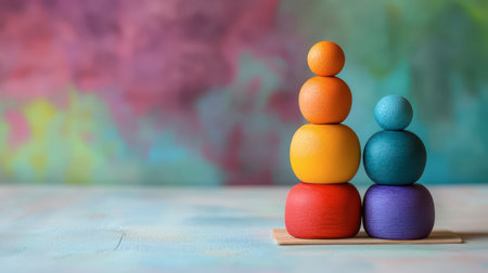 Brightly colored wooden stacking toys are arranged creatively on a pastel surface with a blurred colorful backdrop.の素材