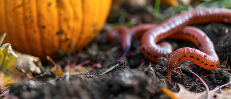 A snake moves through the dirt next to a bright orange pumpkin amidst autumn leaves.の素材