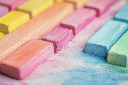 Vibrant chalk pieces in pastel hues are arranged neatly, showcasing a mix of colors and textures, evoking a playful and artistic atmosphere.の素材