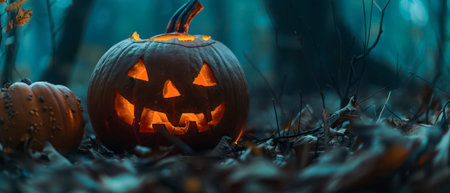 A carved pumpkin flickers with light in a dark forest, surrounded by fallen leaves and another smaller pumpkin nearby.の素材