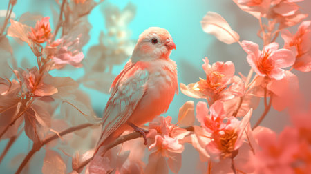A small bird with soft plumage sits gracefully on a branch surrounded by blooming flowers, reflecting the beauty of spring.の素材