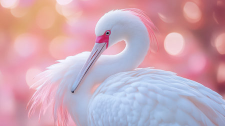 A beautiful white bird with a long neck and pink accents poses amidst a soft, dreamy pastel backdrop.の素材