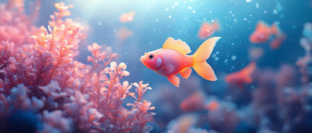 A lively goldfish swims gracefully through a vibrant underwater landscape filled with colorful coral.の素材
