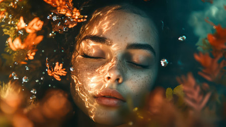 A serene young woman with freckles lies submerged in water, surrounded by colorful plants, illuminated by soft light filtering through the surface.の素材