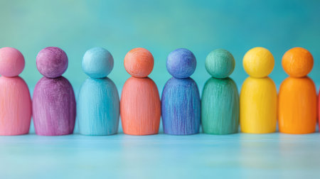 A row of vibrant, hand-painted wooden figures in assorted colors stands together, showcasing a variety of hues against a soothing blue backdrop.の素材