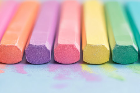 Vibrant chalk sticks in shades of pink, purple, and yellow are neatly lined up against a blue backdrop, showcasing their rich colors and textures.の素材