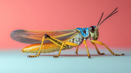 A vivid grasshopper with blue highlights perched on a surface, showcasing its intricate features against a pink backdrop.の素材