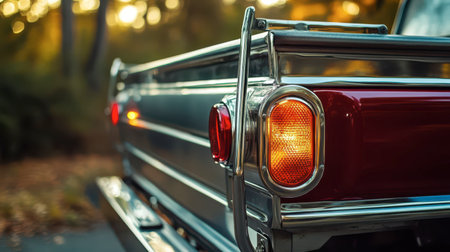 A vintage pickup truck with shining chrome details parked among colorful autumn leaves during golden hour.の素材