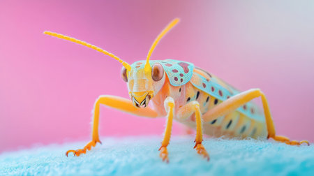 A colorful grasshopper with striking patterns sits on a soft surface, surrounded by a blurred pink environment, showcasing its unique details.の素材