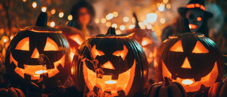 Carved pumpkins with glowing faces illuminate a garden at dusk, creating a festive Halloween atmosphere. The warm light sets a spooky yet cheerful mood for the celebration.の素材