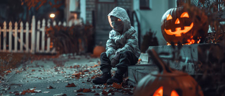 A child in a grey hooded sweatshirt sits on steps, looking thoughtful beside glowing carved pumpkins. The yard features autumn leaves, creating a festive Halloween atmosphere.の素材