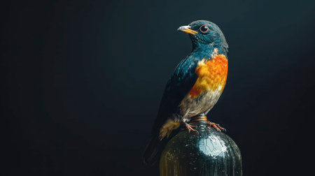A colorful bird with blue and orange plumage stands confidently on a glass object. The soft, diffused light creates a serene atmosphere, highlighting its features distinctly.の素材