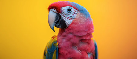 A striking macaw with vivid red, blue, and yellow feathers stands gracefully, its gaze directed forward, showcasing its natural beauty against a bright yellow background.の素材