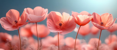 A cluster of delicate pink flowers stands gracefully in a tranquil garden, illuminated by soft sunlight, evoking a sense of calm and beauty in nature.の素材