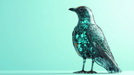 A unique sculpture of a bird is crafted from transparent materials, showcasing detailed mechanical components. The artwork is displayed against a soft, muted background.の素材