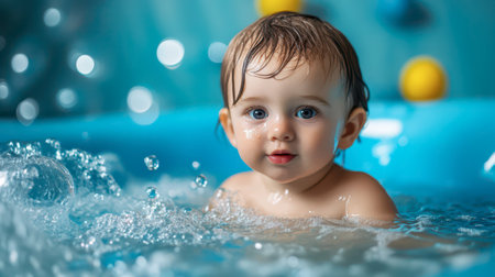 A cheerful baby splashes in the water, surrounded by vibrant balls. The bright atmosphere captures the joy of playtime splashing and exploring in a swimming pool.の素材
