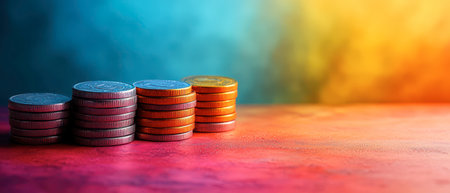 Multiple stacks of coins in silver and gold are arranged neatly against a vibrant, colorful backdrop, symbolizing wealth accumulation and financial success.の素材