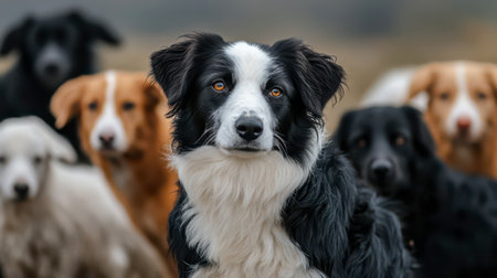 Several border collies of various colors gather closely on a misty morning, displaying their attentive and playful demeanor as they observe their surroundings.の素材