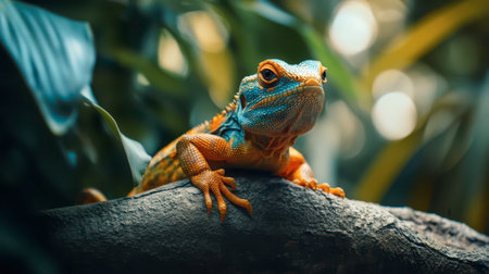 A vibrant lizard rests on a branch surrounded by tropical foliage, showcasing its striking blue and orange colors while basking in soft natural light during the day.の素材