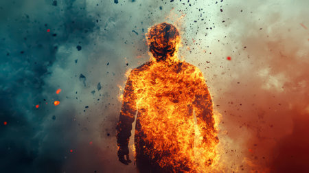 A figure is surrounded by flames, with vivid orange and blue smoke swirling around. The intense fire contrasts against a backdrop of dramatic colors, creating a striking image.の素材