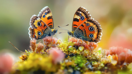 Two butterflies with striking orange and blue patterns engage closely atop a bed of lush green moss, surrounded by blooming flora in a peaceful garden setting during daylight.の素材