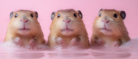 Three adorable gerbils are playfully standing in a bubble bath, their fur slightly damp, while set against a vibrant pink background, creating a cheerful atmosphere.の素材