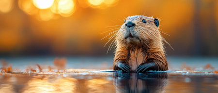 An otter emerges from the water, gazing curiously as autumn leaves float nearby. The warm hues of sunset illuminate the serene pond setting, creating a picturesque moment.の素材