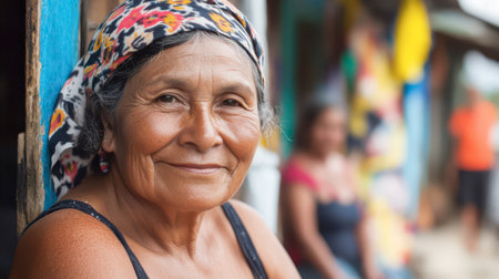 An elderly woman, wearing a brightly patterned headscarf, smiles warmly while seated in a colorful village. Behind her, other villagers engage in daily activities, adding life to the environment.の素材