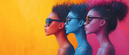 Three women with unique hairstyles and sunglasses stand side by side, each with a different color. The bright orange and pink background enhances their striking features and individuality.の素材