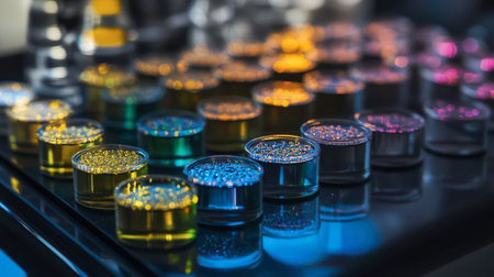 Various glass containers filled with vibrant liquids are neatly arranged on a reflective surface, creating an eye-catching display of colors and textures in a well-lit environment.の素材